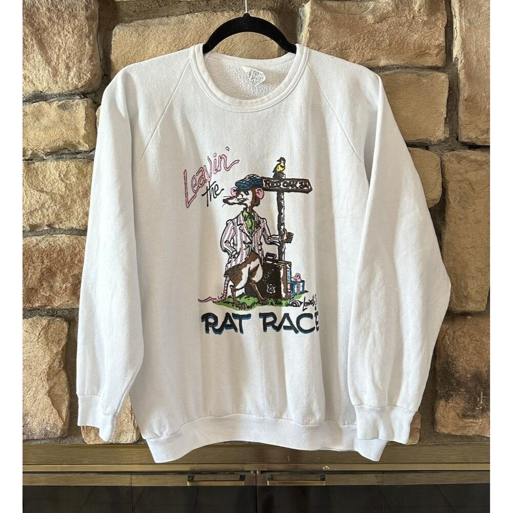 VTG 80s Leaving The Rat Race Lowell Davis Art White Sweatshirt Raggs XL USA Made